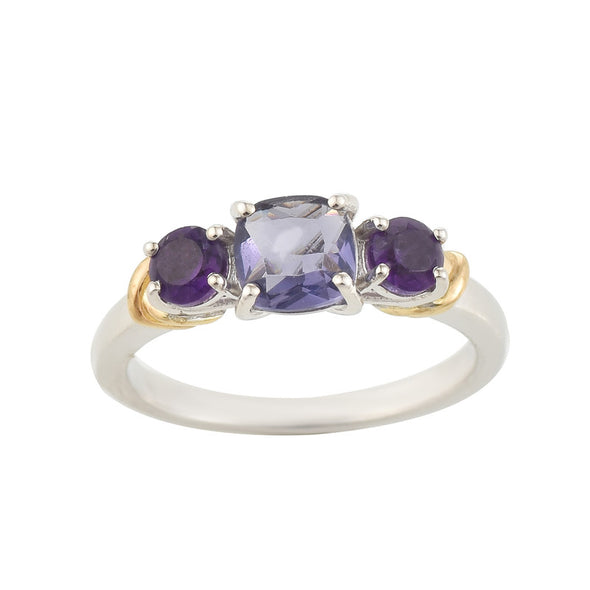 6mm Cushion Amethyst Three-Stone Ring 925 Sterling Silver