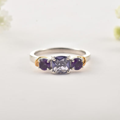 6mm Cushion Amethyst Three-Stone Ring 925 Sterling Silver