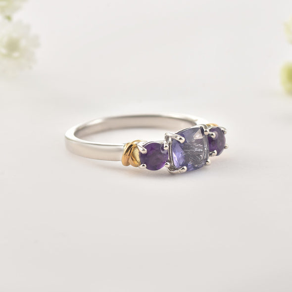 6mm Cushion Amethyst Three-Stone Ring 925 Sterling Silver