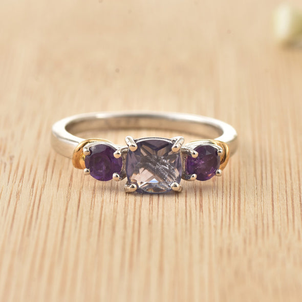 6mm Cushion Amethyst Three-Stone Ring 925 Sterling Silver
