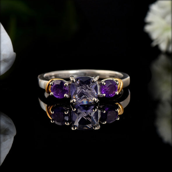6mm Cushion Amethyst Three-Stone Ring 925 Sterling Silver