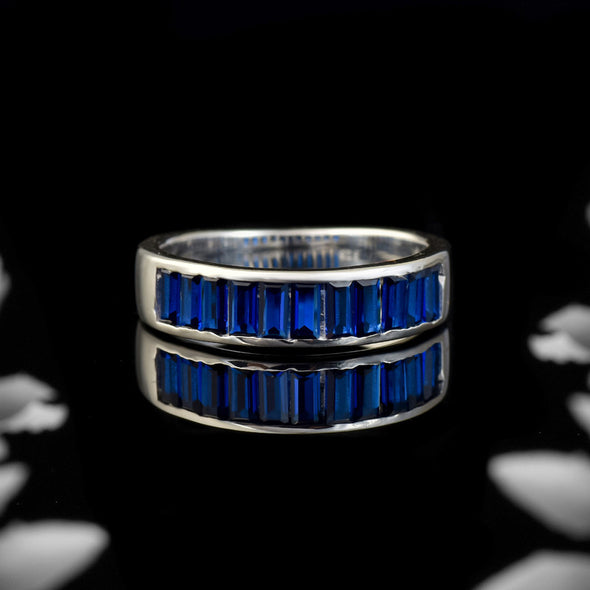 925 Sterling Silver 4x2mm Baguette-Cut Blue Sapphire Eternity Band Ring