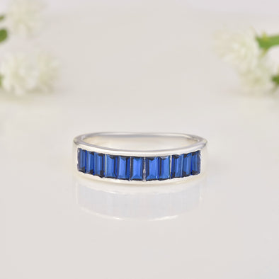 925 Sterling Silver 4x2mm Baguette-Cut Blue Sapphire Eternity Band Ring
