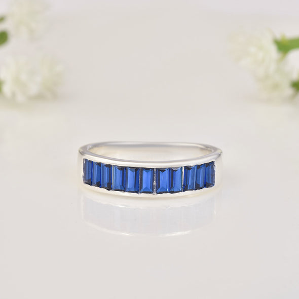 925 Sterling Silver 4x2mm Baguette-Cut Blue Sapphire Eternity Band Ring