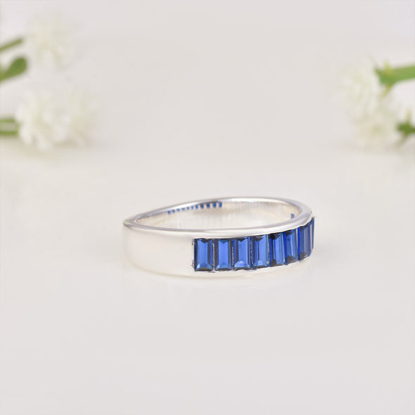 925 Sterling Silver 4x2mm Baguette-Cut Blue Sapphire Eternity Band Ring