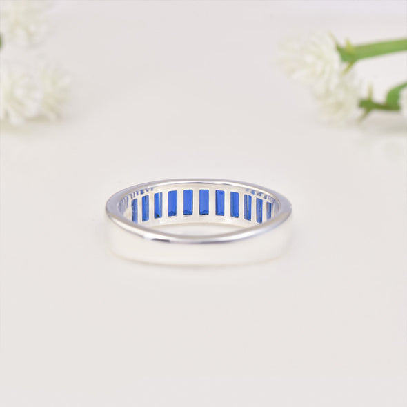 925 Sterling Silver 4x2mm Baguette-Cut Blue Sapphire Eternity Band Ring