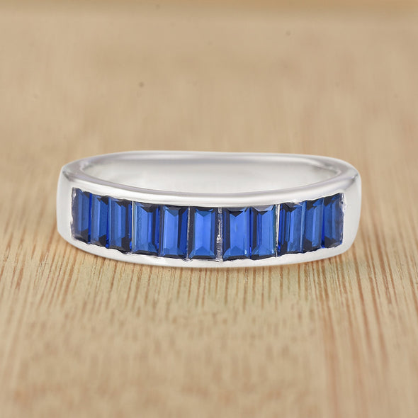 925 Sterling Silver 4x2mm Baguette-Cut Blue Sapphire Eternity Band Ring