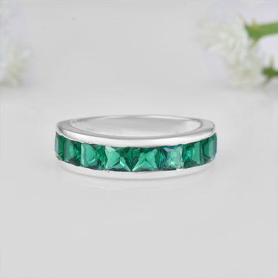 925 Sterling Silver 4x4mm Square-Cut Emerald Eternity Band Ring