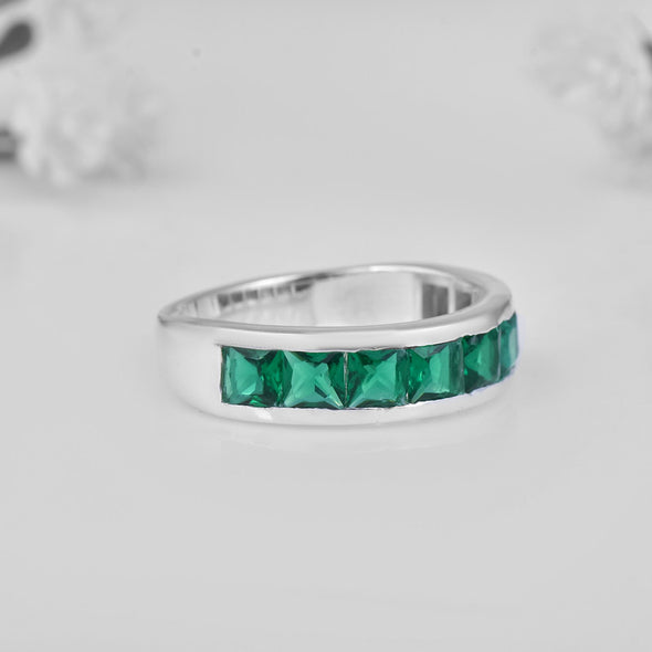 925 Sterling Silver 4x4mm Square-Cut Emerald Eternity Band Ring