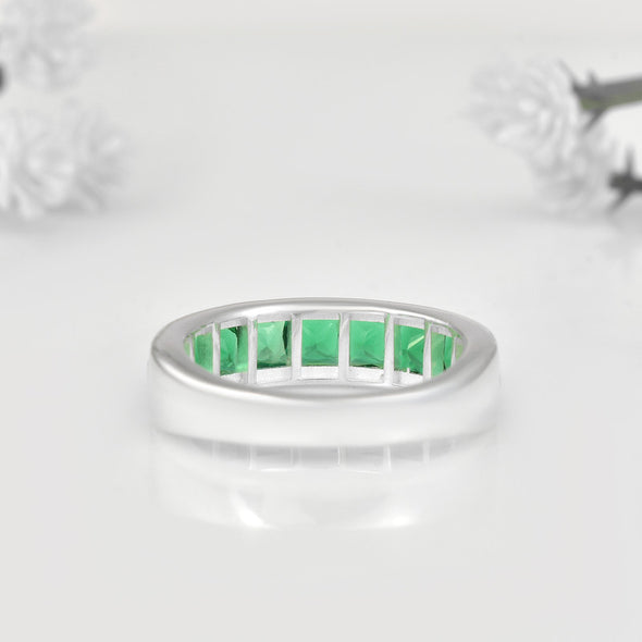 925 Sterling Silver 4x4mm Square-Cut Emerald Eternity Band Ring