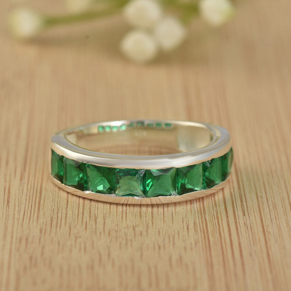 925 Sterling Silver 4x4mm Square-Cut Emerald Eternity Band Ring