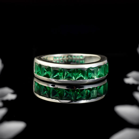925 Sterling Silver 4x4mm Square-Cut Emerald Eternity Band Ring