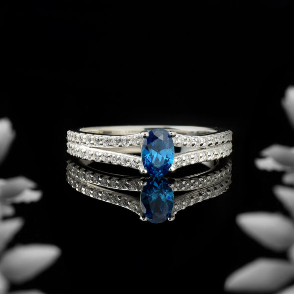 925 Sterling Silver 6x4mm Oval London Blue Topaz Solitaire with Accents Ring