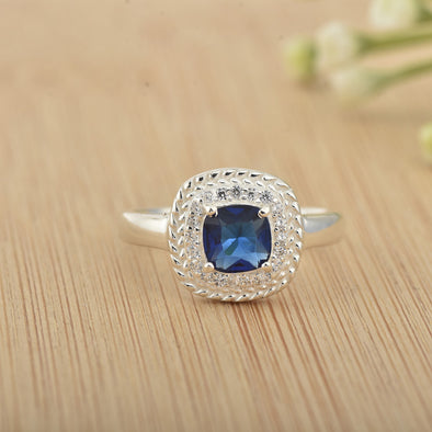 925 Sterling Silver 6x6mm Cushion Blue Sapphire Ring with Halo Accents