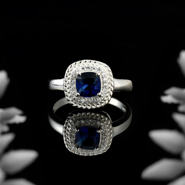 925 Sterling Silver 6x6mm Cushion Blue Sapphire Ring with Halo Accents