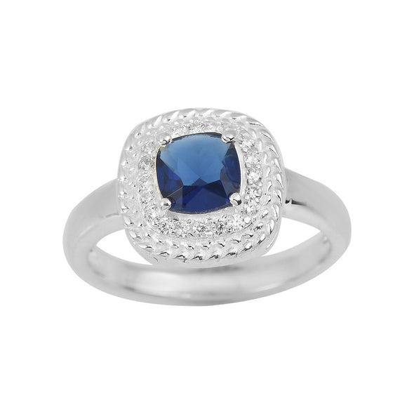 925 Sterling Silver 6x6mm Cushion Blue Sapphire Ring with Halo Accents