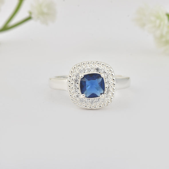 925 Sterling Silver 6x6mm Cushion Blue Sapphire Ring with Halo Accents