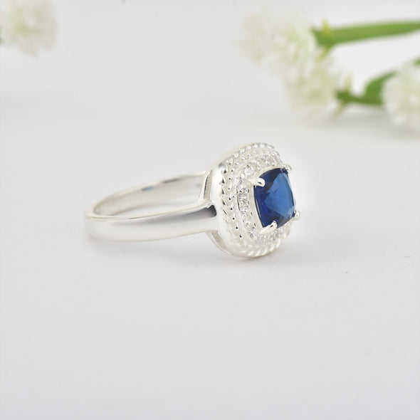 925 Sterling Silver 6x6mm Cushion Blue Sapphire Ring with Halo Accents