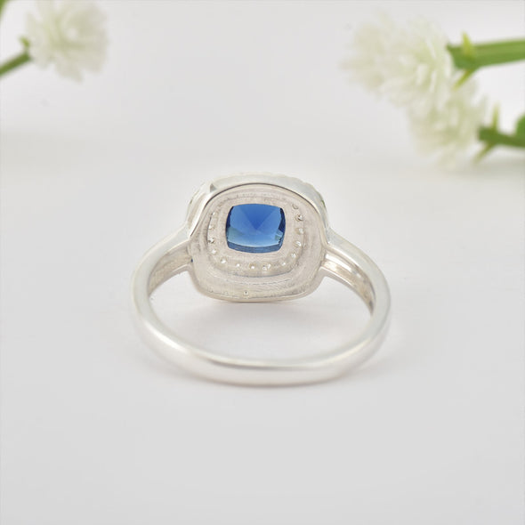 925 Sterling Silver 6x6mm Cushion Blue Sapphire Ring with Halo Accents