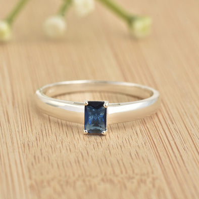 925 Sterling Silver 6x4mm Octagon Blue Sapphire Solitaire Ring