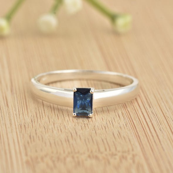 925 Sterling Silver 6x4mm Octagon Blue Sapphire Solitaire Ring