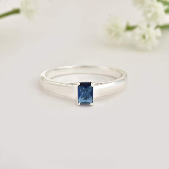 925 Sterling Silver 6x4mm Octagon Blue Sapphire Solitaire Ring