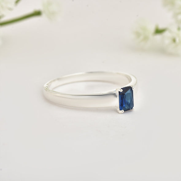 925 Sterling Silver 6x4mm Octagon Blue Sapphire Solitaire Ring