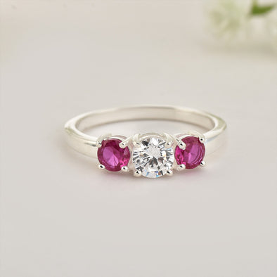 925 Sterling Silver 5x5mm Round White Topaz Ring with Ruby Side Stones