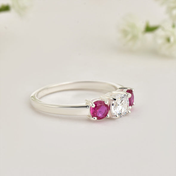 925 Sterling Silver 5x5mm Round White Topaz Ring with Ruby Side Stones