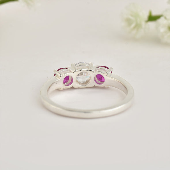 925 Sterling Silver 5x5mm Round White Topaz Ring with Ruby Side Stones