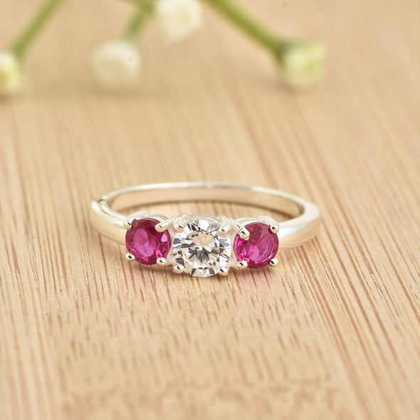 925 Sterling Silver 5x5mm Round White Topaz Ring with Ruby Side Stones