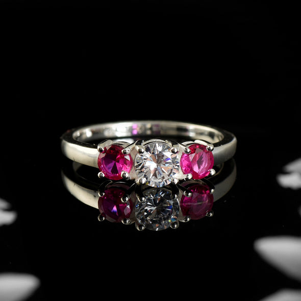 925 Sterling Silver 5x5mm Round White Topaz Ring with Ruby Side Stones