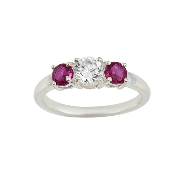 925 Sterling Silver 5x5mm Round White Topaz Ring with Ruby Side Stones