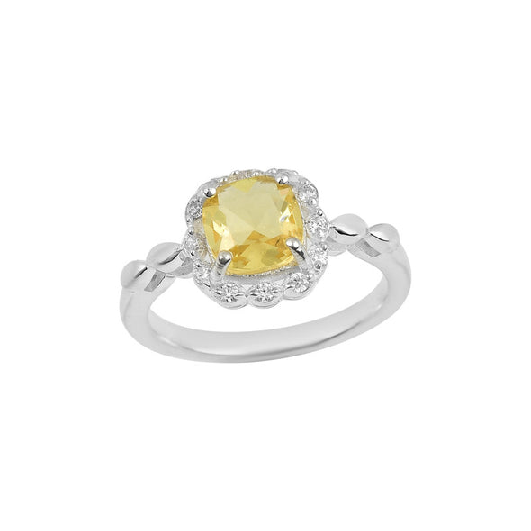 925 Sterling Silver 6x6mm Round Lemon Quartz Ring with Halo Accents