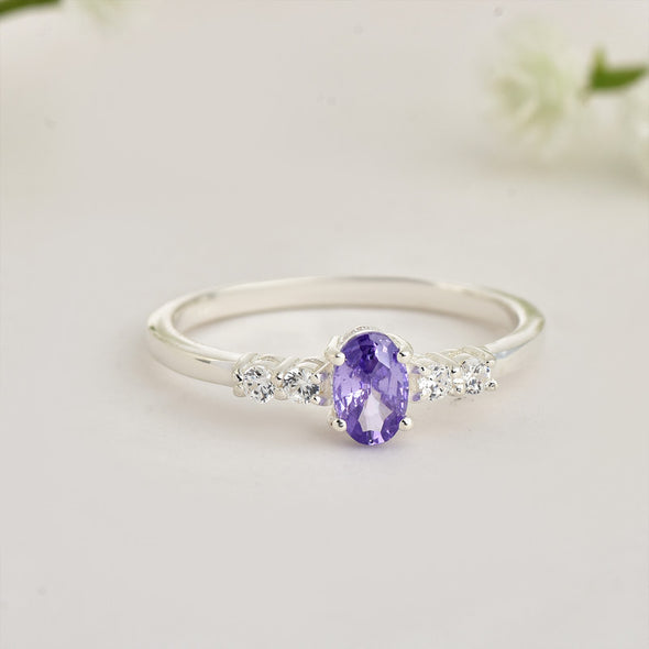 925 Sterling Silver 6x4mm Oval Tanzanite and White Stone Ring