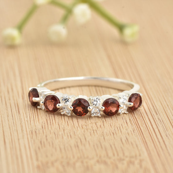 925 Sterling Silver 4x4mm Round Smoky Quartz Half Eternity Ring
