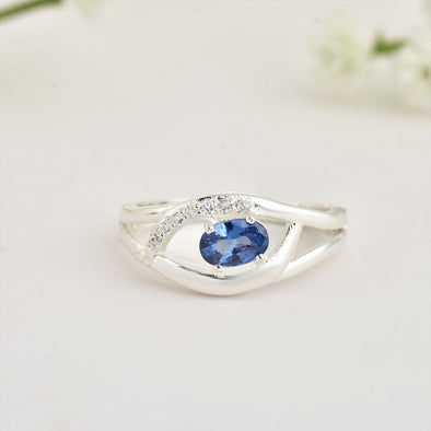 6x4mm Oval Blue Sapphire Split Shank Ring 925 Sterling Silver