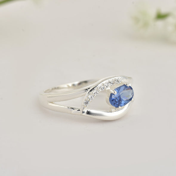 6x4mm Oval Blue Sapphire Split Shank Ring 925 Sterling Silver