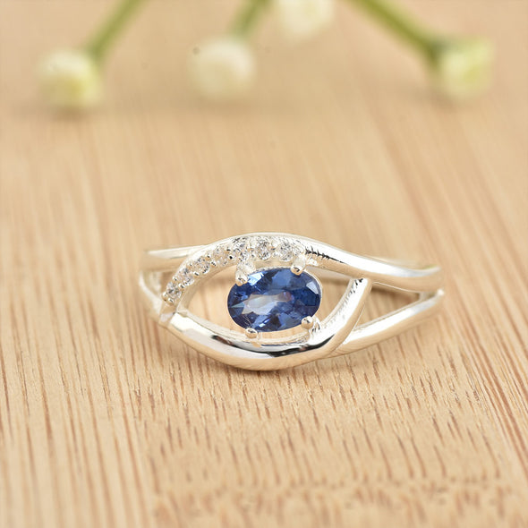6x4mm Oval Blue Sapphire Split Shank Ring 925 Sterling Silver