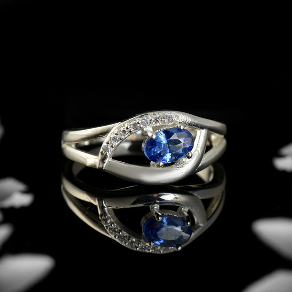 6x4mm Oval Blue Sapphire Split Shank Ring 925 Sterling Silver