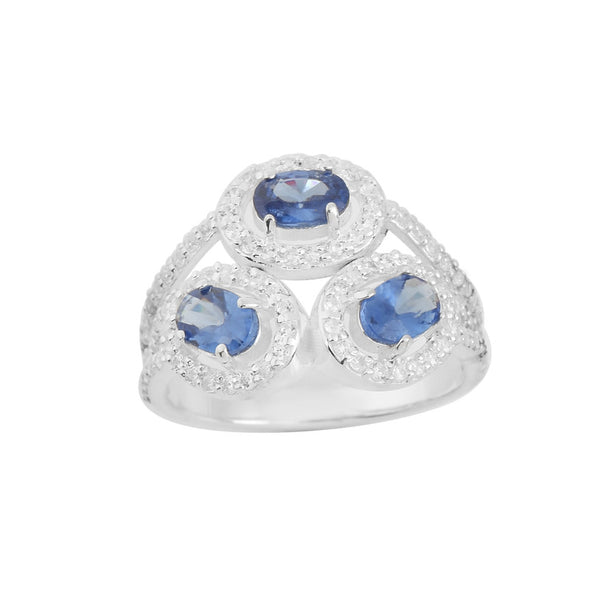 6x4mm Oval Tanzanite Triple Halo Design Ring 925 Sterling Silver