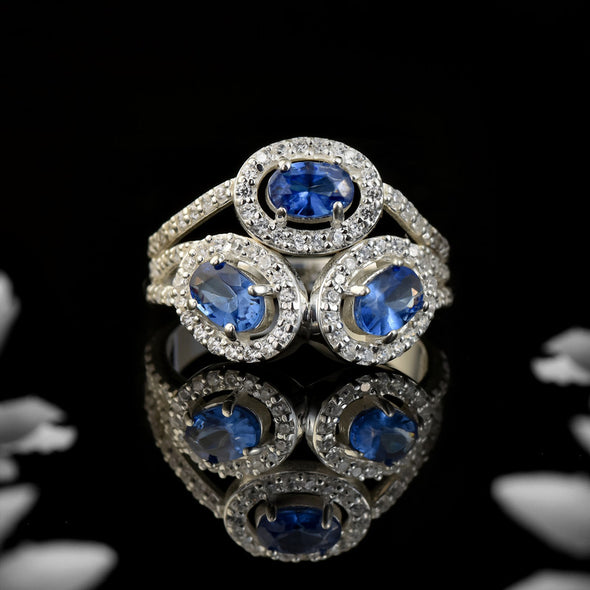 6x4mm Oval Tanzanite Triple Halo Design Ring 925 Sterling Silver
