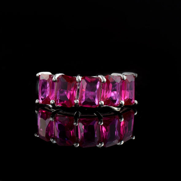 6x4mm Octagon Rhodolite Garnet Five-Stone Band Ring 925 Sterling Silver