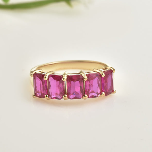 6x4mm Octagon Rhodolite Garnet Five-Stone Band Ring 925 Sterling Silver