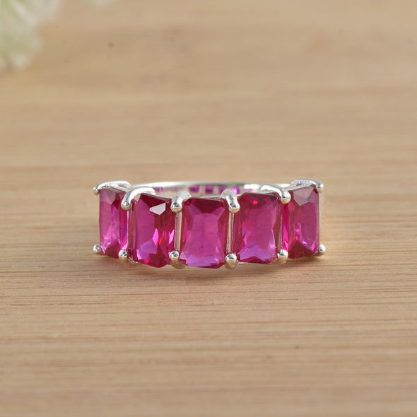 6x4mm Octagon Rhodolite Garnet Five-Stone Band Ring 925 Sterling Silver