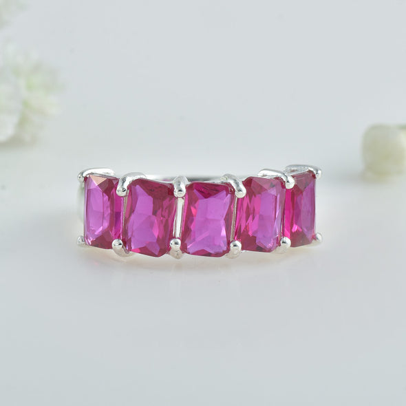 6x4mm Octagon Rhodolite Garnet Five-Stone Band Ring 925 Sterling Silver