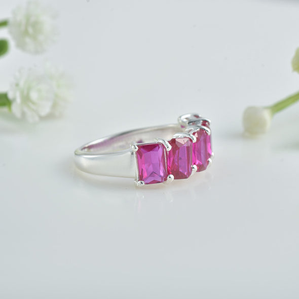 6x4mm Octagon Rhodolite Garnet Five-Stone Band Ring 925 Sterling Silver