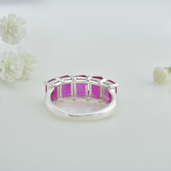 6x4mm Octagon Rhodolite Garnet Five-Stone Band Ring 925 Sterling Silver