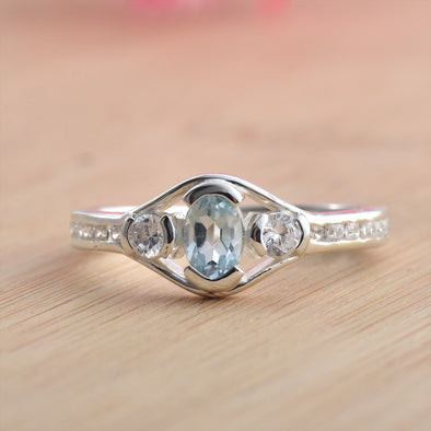 6x4mm Oval Blue Topaz Ring 925 Sterling Silver with White Accents