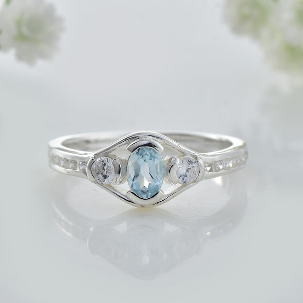 6x4mm Oval Blue Topaz Ring 925 Sterling Silver with White Accents